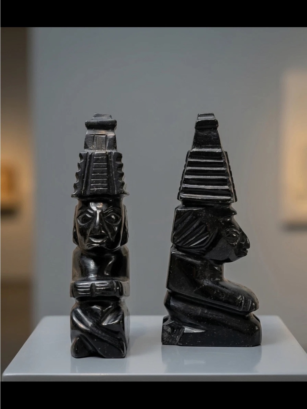 Pair Vintage Carved Black Obsidian Mexican Mayan Aztec Pyramid Statue Bookend 3'